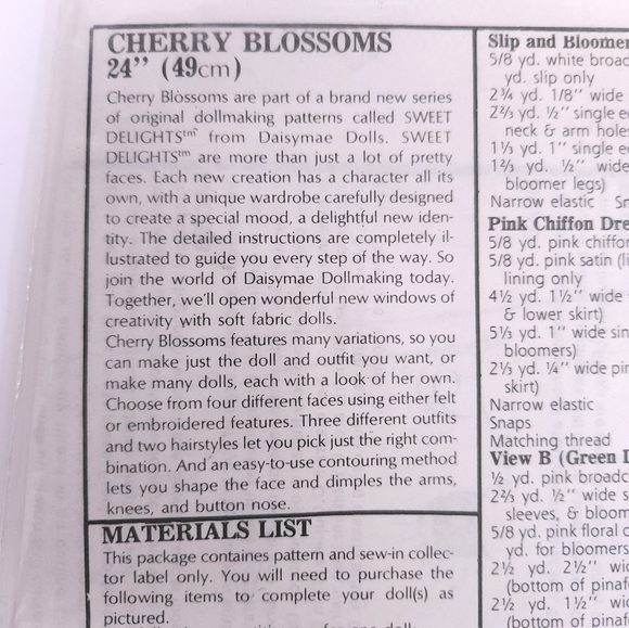 VTG 1983 Daisymae Dolls Cherry Blossoms Original Doll Clothes Pattern NOS - Picture 6 of 8